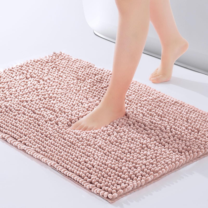 FRESHMINT Chenille Bathroom Rugs Mat 32â€x20â€, Non-Slip Bath Mat for Bathroom Floor & Bathtub, Washable Soft Shower Shag Bath Rugs, Fluffy Thick Water Absorbent Microfiber Shower Mat, Dusty Pink - Image 1